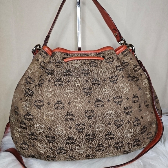 🔹MCM🔹️visetos jacquard brown orange bucket Draw String  crossbody shoulder bag - Picture 2 of 12